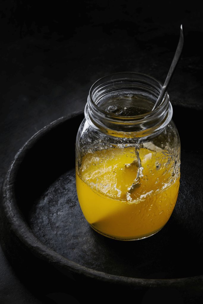 What is ghee? Ghee is a product of clarifying butter, or skimming the milk solids, including the lactose and casein, from the melted butter.